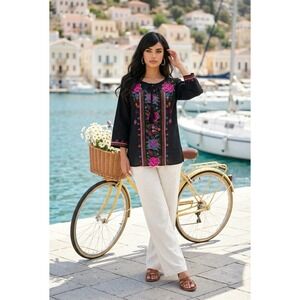 Raj Imports Black Cotton Floral Embroidered Tunic Top Boho Peasant Blouse XL